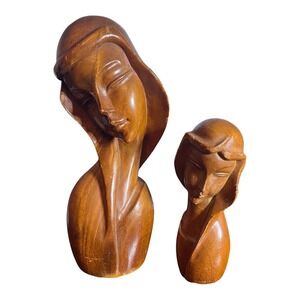 Mabini Wood Bust Serene Female Sculptures Set of 2 Vintage Mid Century Modern